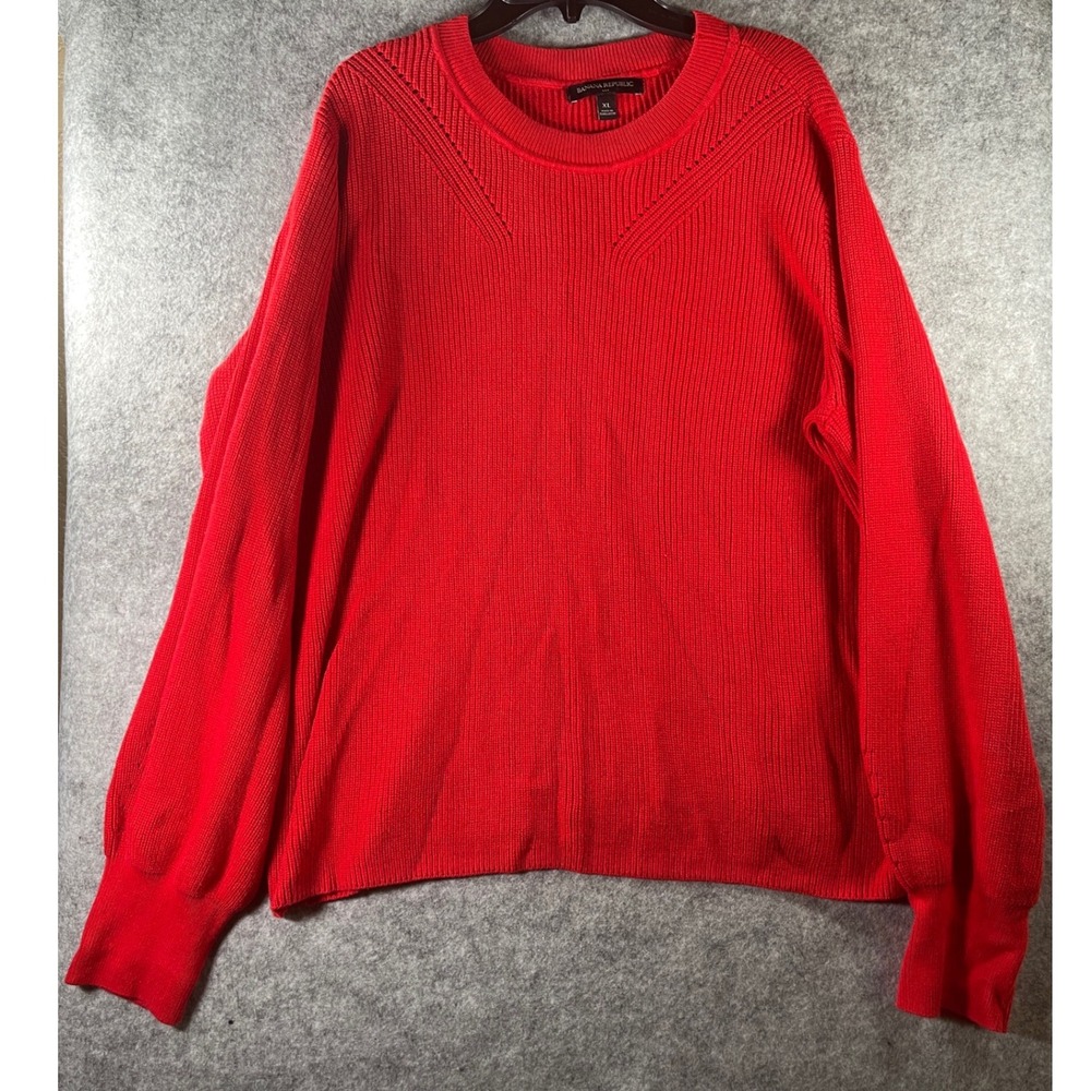 Banana Republic Red Ribbed Knit‎ Puff Sleeve Sweater XL Cotton Rayon Pointelle
